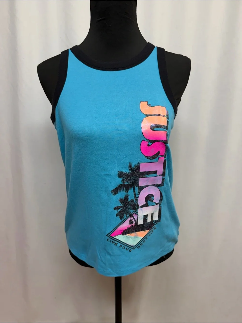 Justice Girls XL 16/18 Blue Graphic Tank Top Tropical Palm Trees Colorful